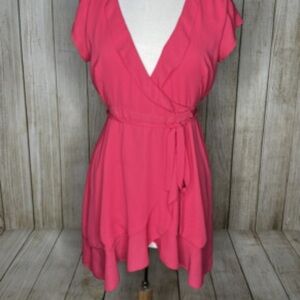 Aritzia Sunday Best Ruffled V Neck Fuchsia Wrap Dress